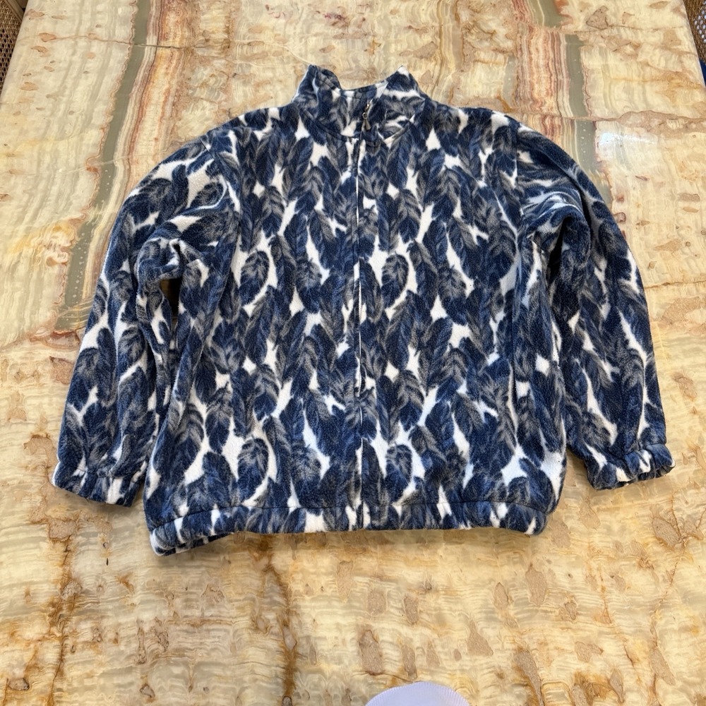 Alfred Dunner‎ Fleece Jacket Womens Large Blue White Leaf Print Zip Up Cozy